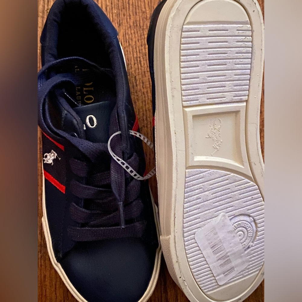Polo Ralph Lauren Navy Sneakers with Red Stripes boys size 12 1/2-NEW - Picture 4 of 5